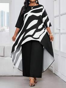 SHEIN Lady Bộ quần áo 2 món cỡ lớn 2025 dành cho nữ, mặc đi làm, đi chơi, công sở, in họa tiết màu tương phản, viền áo bất đối xứng, trang phục nghỉ dưỡng mùa hè thanh lịch dành cho nữ, cỡ lớn, bộ 2 món thời trang thu đông cho nữ - Đen và trắng - Xem 4