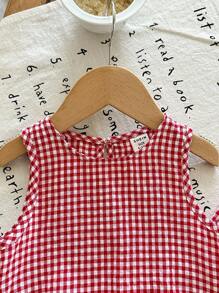 SHEIN LMoss Kids Summer Babygirl Cute Red & White Plaid Ruffle Trim Sleeveless Top And Elastic Waist Loose Wide Leg Pants Set - Red and White - View 5