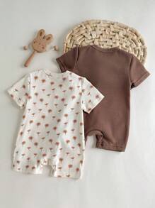 Loomiva 2pcs Newborn Baby Girl Floral Knitted Soft Crew Neck Short Sleeve Romper And Shorts Set