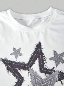 Sparklyn 少女星星印花圆领 T 恤和仿牛仔印花阔腿裤两件套，夏季休闲时尚服装，演唱会服装 - 白色 - 查看 6