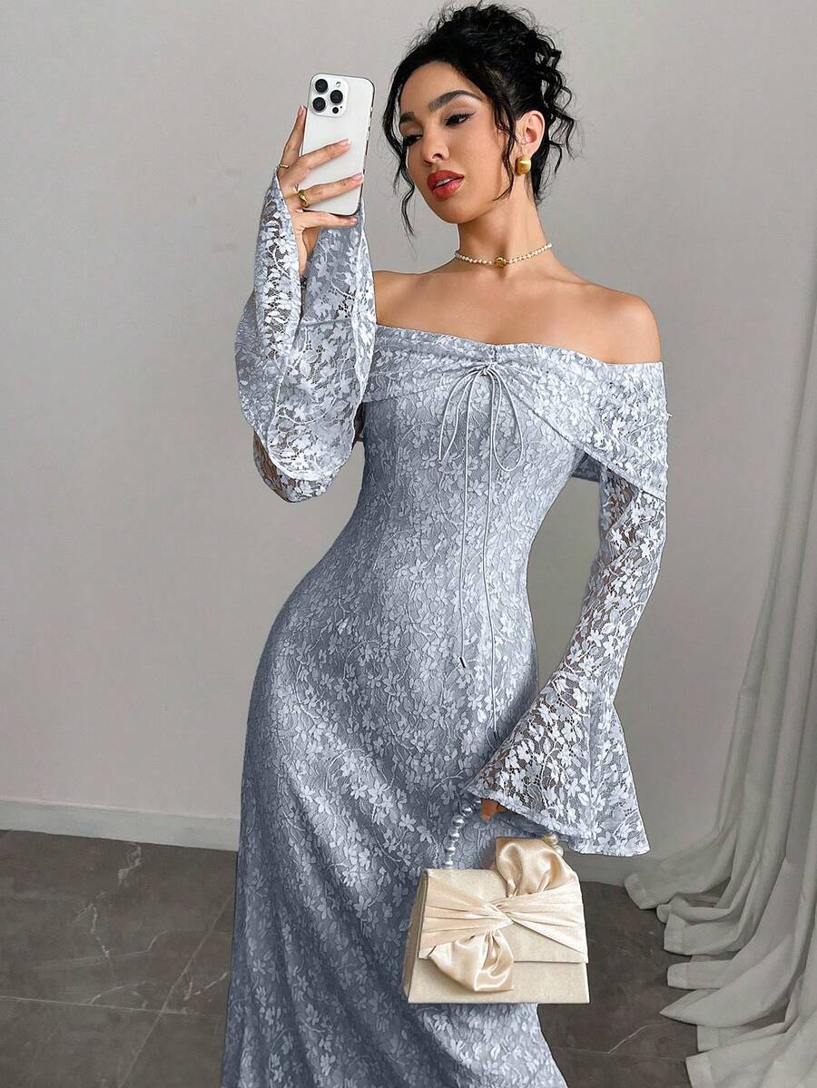 Modelyn Đầm midi trễ vai tay dài thanh lịch sang trọng gợi cảm cho nữ - Màu xanh nhạt - Xem 1