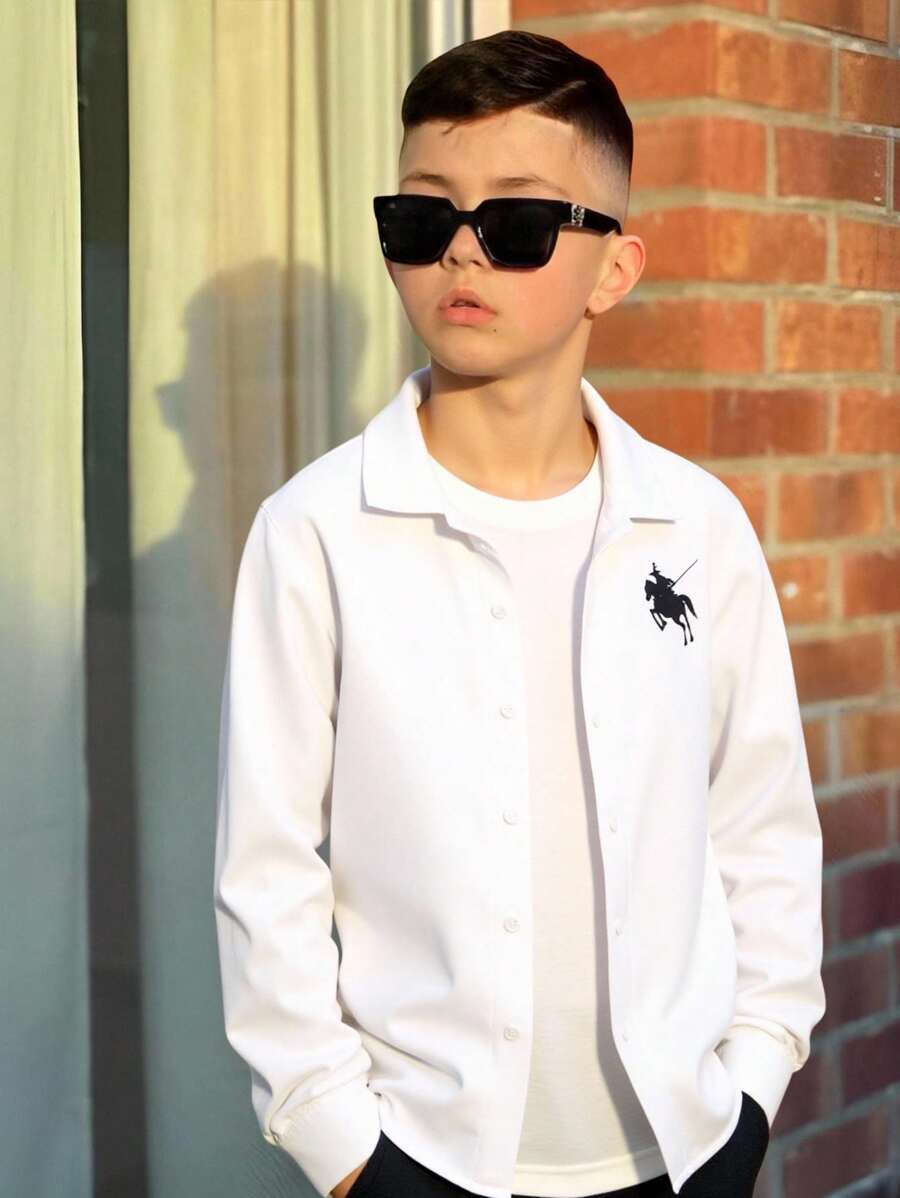 SHEIN 青少年男孩休闲日常百搭舒适印花翻领宽松长袖梭织纯色衬衫 - 白色 - 查看 1