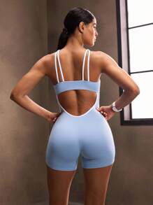 Powerista 女式侧条纹交叉挂脖运动连体衣 - 藍色 - 查看 2