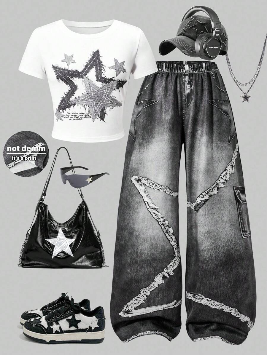 Sparklyn 少女星星印花圆领 T 恤和仿牛仔印花阔腿裤两件套，夏季休闲时尚服装，演唱会服装 - 白色 - 查看 1