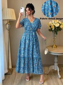 Elenzga Plus Size Women Chiffon Floral Print V-Neck Flutter Sleeve Ruffle Waist Tie Elegant Summer Dress - Multicolor - View 1