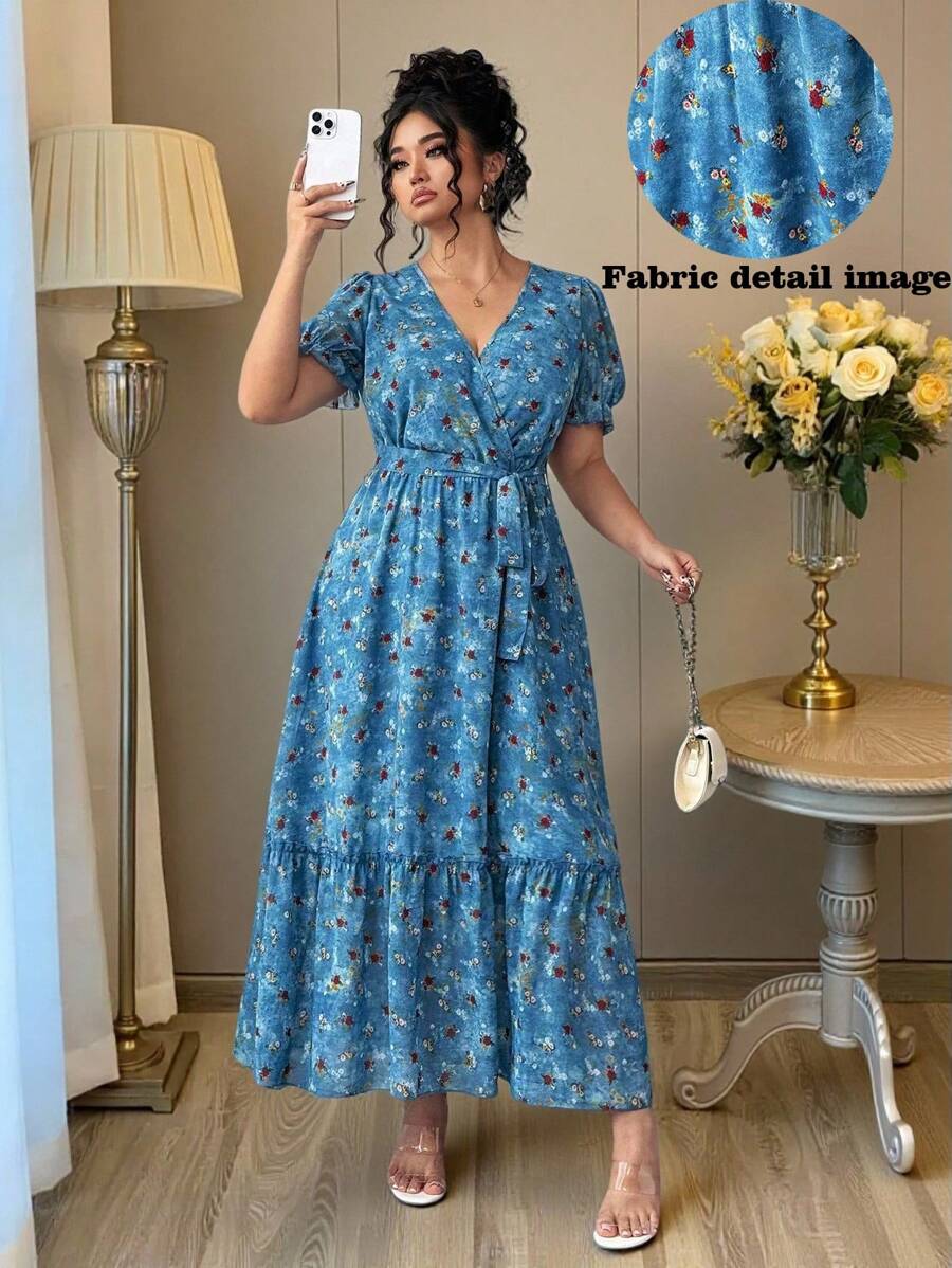 Elenzga Plus Size Women Chiffon Floral Print V-Neck Flutter Sleeve Ruffle Waist Tie Elegant Summer Dress - Multicolor - View 1