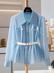 Franclia New Design Blue Long Sleeve Casual Waist Blouse For Women - Blue - View 1