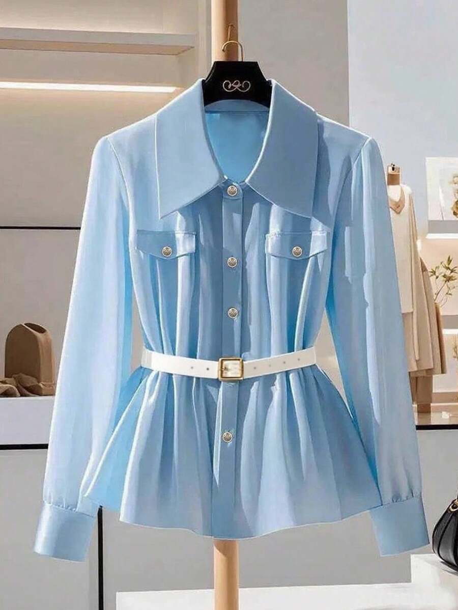 Franclia New Design Blue Long Sleeve Casual Waist Blouse For Women - Blue - View 1