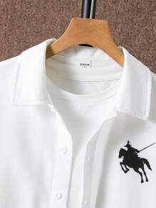 SHEIN 青少年男孩休闲日常百搭舒适印花翻领宽松长袖梭织纯色衬衫 - 白色 - 查看 6