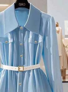 Franclia New Design Blue Long Sleeve Casual Waist Blouse For Women - Blue - View 5