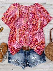 Linhara Plus Size Women Cashew Flower Double-Layer Ruffle Sleeve Blouse - Pink - View 1