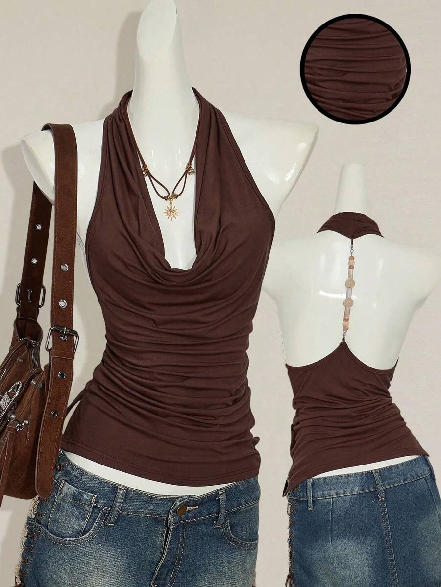 SHEIN ICON 女士棕色复古设计性感露背串珠垂坠领吊带背心 - 咖啡棕 - 查看 1