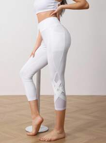Menodora SHEIN Sport Women's Solid High Waist Hollow Out Design With Pocket Sports Leggings - White - View 3