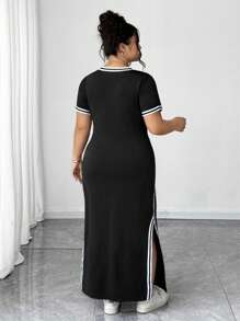 SHEIN CURVE+ 大码女式 V 领短袖丝带拼接休闲宽松修身开叉优雅时尚春夏连衣裙，春假西部风波西米亚风格 - 黑色 - 查看 2