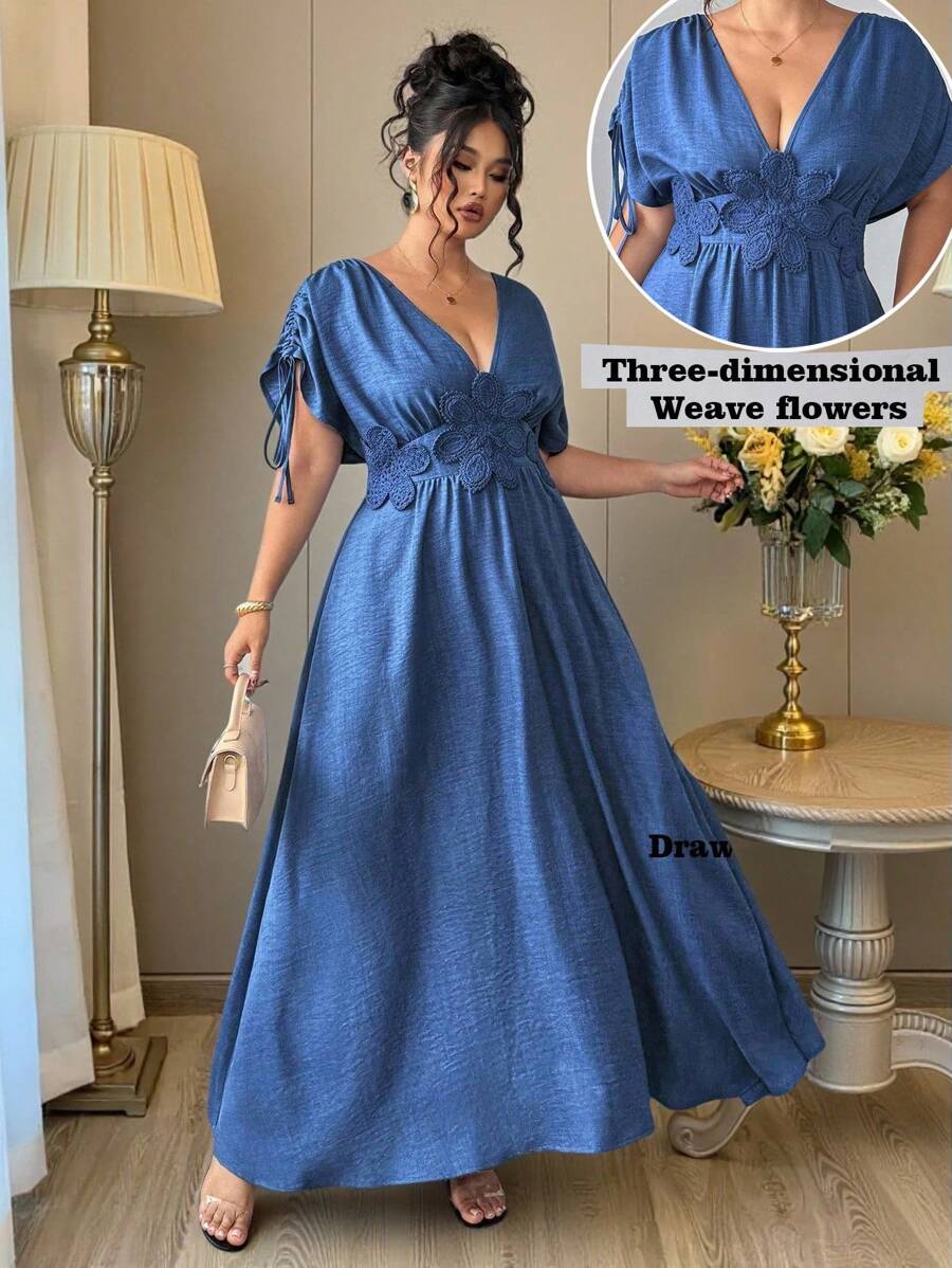 Elenzga Robe longue ample femme de grande taille, col V, taille resserrée par cordon, imprimé floral, élégante et casual pour tous les jours - Bleu azur - Voir 1