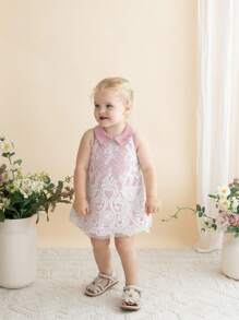 Vestido sin mangas para bebé niña con cuello de malla bordado de color liso tejido - Rosa - Ver 3