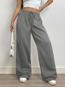 SHEIN EZwear Plus Size Women's Solid Color Self-Tie Waist Straight Leg Casual Pants
