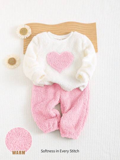 Cozy Pixies 2pcs Baby Girl Heart Pattern Contrast Color Crew Neck Long Sleeve Sweatshirt And Jogger Pants Set Baby Set Autumn Winter Season Cozy Baby Girl Outfit Fall
