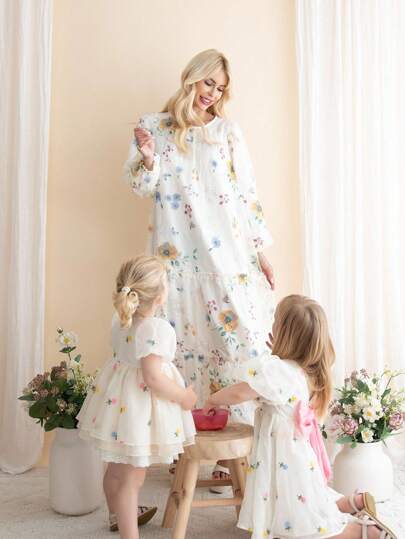 婴幼儿女童刺绣泡泡袖修身休闲连衣裙