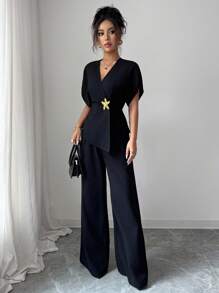 Modelyn 2 件女式华夫格针织黑色海星纽扣前短袖修身套装 - 黑色 - 查看 1