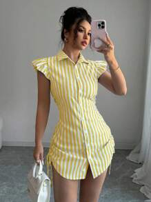 Selianne Váy sơ mi tay lỡ thắt eo kẻ sọc thanh lịch cho kỳ nghỉ - Màu vàng - Xem 6