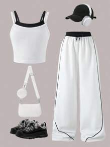 SHEIN 2pcs/Set Teens Street Style Casual All-Match Versatile Sports Fake 2-In-1 Tank Top + Contrast Trim Loose Pants Set - Black and White - View 3