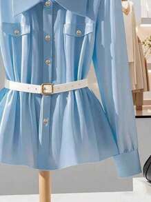 Franclia New Design Blue Long Sleeve Casual Waist Blouse For Women - Blue - View 3