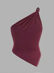 SHEIN Stylish Burgundy Polyester Asymmetrical Hem T-Shirt For Tween Girls, Girls One Shoulder Top, Tween One Shoulder Top Asymmetrical Top Girls Off Shoulder Top Tween