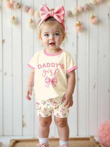 SHEIN Cream Color, Cute Bow Print "Daddy's Girl" Baby Girl Casual Round Neck Loose Short Sleeve T-Shirt And Shorts Set, Summer Outfits , Easy Comfort, Autumn Layers For Kids, Stylish Kids, Casual Wear, Kids Graphic Clothes, Back To School, Fall Clothes Baby Girl Summer Pajama Baby Girl Short Pants Sets Baby Girl Clothes Daddys Girl Outfit Infant Girl Summer Outfit