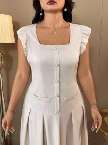 SHEIN Clasi Plus Size Women Elegant Apricot Cap Sleeve Pearl Button Long Dress - Apricot - View 3