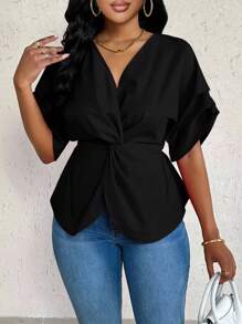 Eryvara Asymmetrical V-Neck Loose Women Blouse - Black - View 3