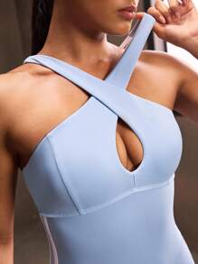 Powerista 女式侧条纹交叉挂脖运动连体衣 - 藍色 - 查看 4