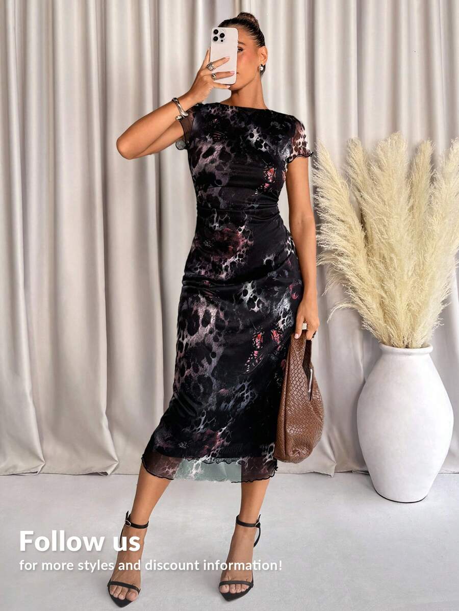 Lavishia Women's Floral Print Short Sleeve Long Dress For Spring & Summer Summer Outfits For Women - Black - View 1