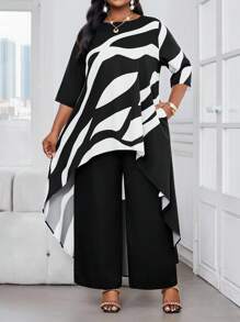 SHEIN Lady Bộ quần áo 2 món cỡ lớn 2025 dành cho nữ, mặc đi làm, đi chơi, công sở, in họa tiết màu tương phản, viền áo bất đối xứng, trang phục nghỉ dưỡng mùa hè thanh lịch dành cho nữ, cỡ lớn, bộ 2 món thời trang thu đông cho nữ - Đen và trắng - Xem 3