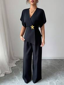Modelyn 2 件女式华夫格针织黑色海星纽扣前短袖修身套装 - 黑色 - 查看 6