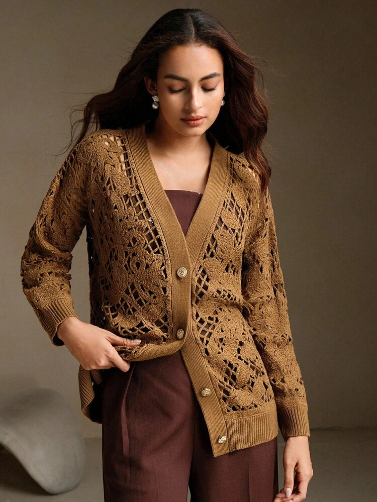 Mid-Length Loose Open Front Crochet Hollow Flower Design Cover Up
