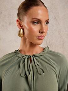 COSMINA Robe décontractée automne pour femmes, robe ajustée à manches lanternes et taille, robe verte sauge à nœud devant, robe à manches longues - Militaire verte - Voir 7