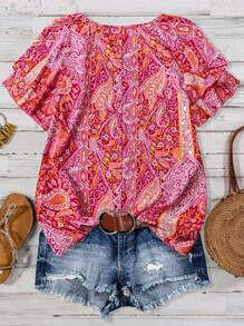 Linhara Plus Size Women Cashew Flower Double-Layer Ruffle Sleeve Blouse - Pink - View 2