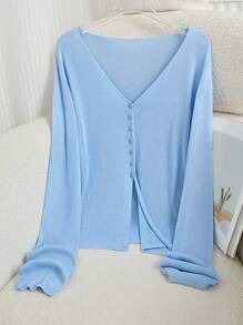 Franclia 女士纯色V领前扣优雅长袖薄款开衫 - 藍色 - 查看 6