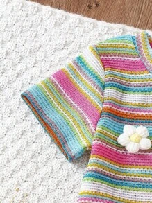 Young Girl Colorful Crocheted Striped 3D Floral Top And Pink Ribbed Flare Pants Set - Pink - View 6