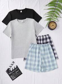 Bộ đồ ngủ tay ngắn 4 món họa tiết kẻ caro và màu trơn tối giản dành cho bé trai tuổi teen - Nhiều màu - Xem 1