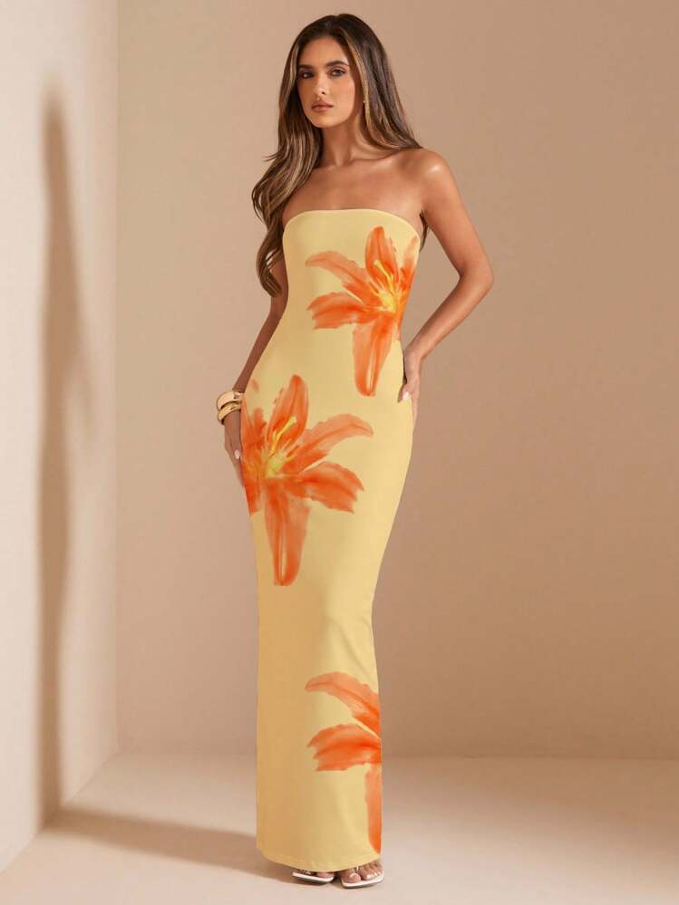 SHEIN BAE 休闲花卉抹胸紧身连衣裙，适合夏季 - 彩色 - 查看 1