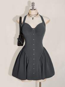 SHEIN ICON Plus Size Halter Cinched Waist A-Line Dress, Y2K, Back To School, Grey Dress - Grey - View 1