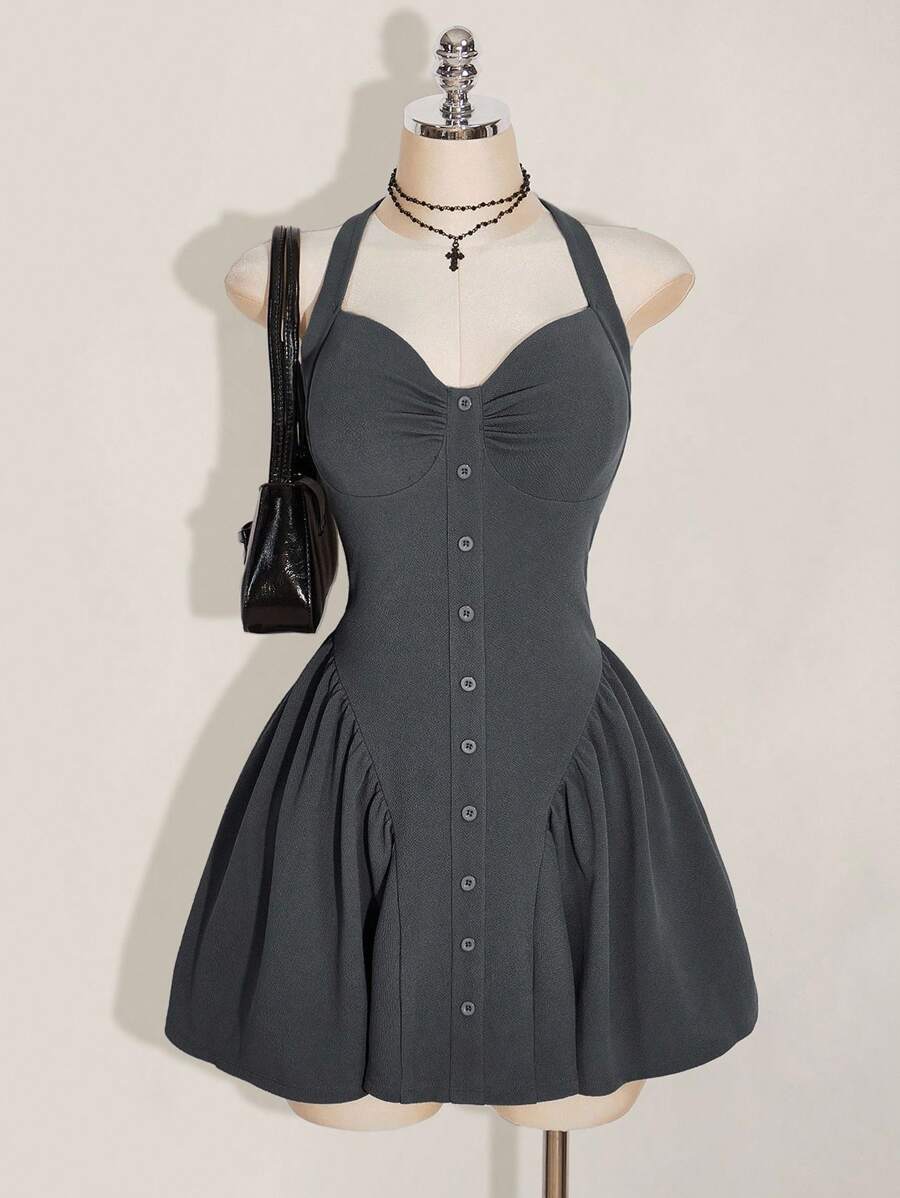 SHEIN ICON Plus Size Halter Cinched Waist A-Line Dress, Y2K, Back To School, Grey Dress - Grey - View 1