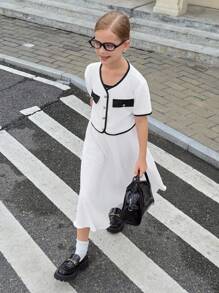 青少年女孩撞色短袖T恤和无袖连衣裙两件套 - 卡其色 - 查看 7