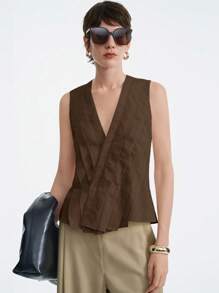 Aalyst Top chiffonné bicolore à rayures minimaliste col en V sans manches pour femmes, couleur avoine - Taupe - Voir 3