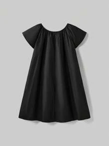 Ontre Tween Girls' Loose Fit Round Neck Bow Decor Casual Dress - Black - View 2