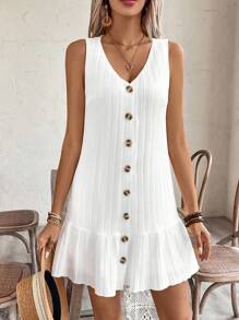 EMERY ROSE Vestido casual de mujer con decoración de volantes sin mangas para verano con botones delanteros