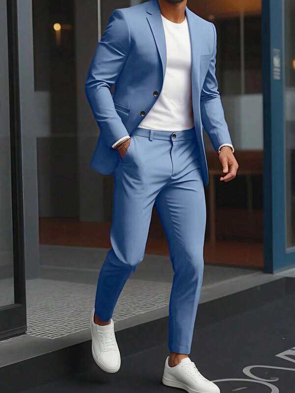 Manfinity Mode Men's Business Formal Solid Color Lapel Collar Suit Jacket And Pant Set