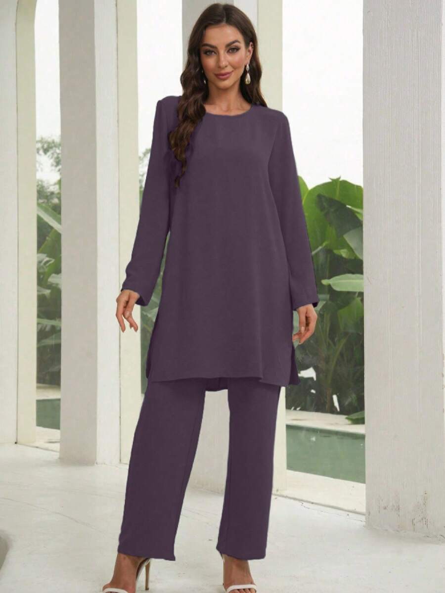 Graceveil 2 件套女士纯色圆领长袖上衣和宽松直筒休闲裤套装 2 件套 - 紫色 - 查看 1